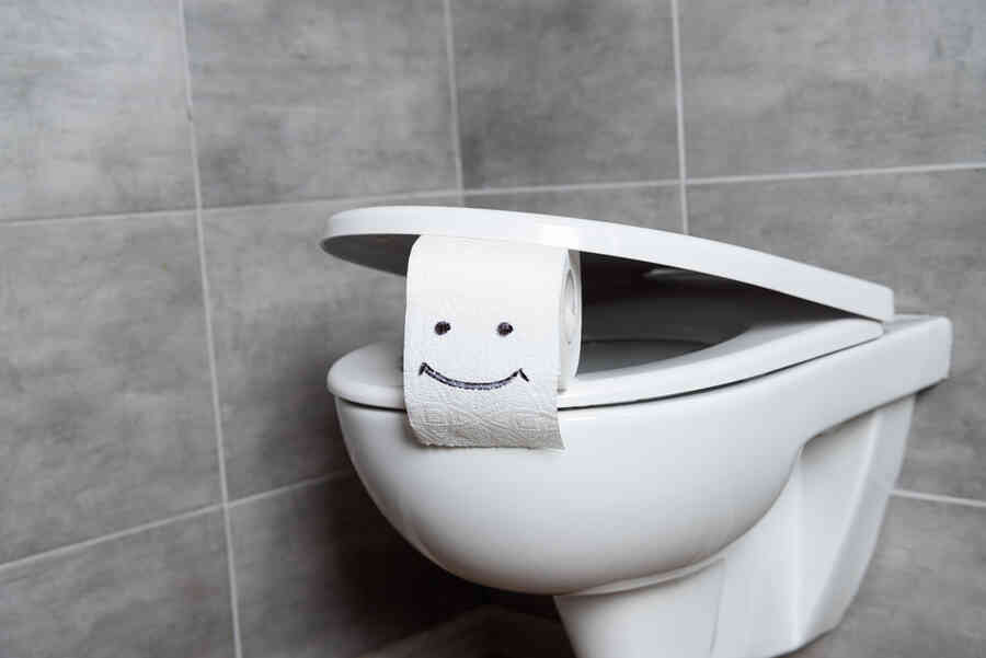 Toilet with a rolls of smiling toilet paper - side view